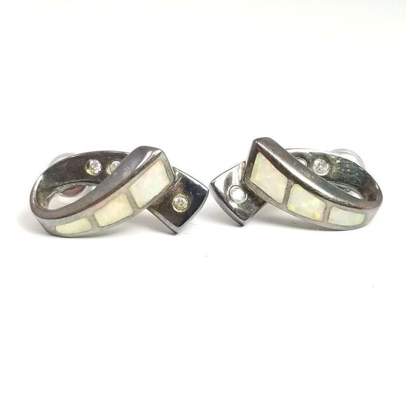 Vintage Sterling Silver and Inlaid Created White Opal Stud Earrings, Birthstone - Picture 1 of 7